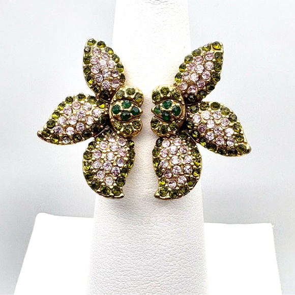 Stella & Dot Jewelry - Rare Stella & Dot Pink & Green Rhinestone Flower Adjustable Open Gold-Tone Ring